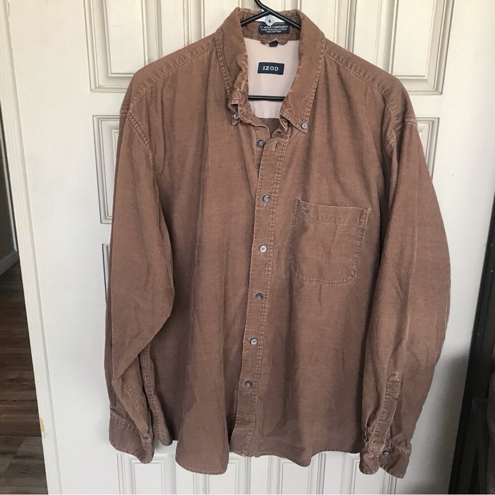 Izod 21 Wale Cordouroy Shirt Super Soft SzXL Button Down Brown Collar/Cuffs